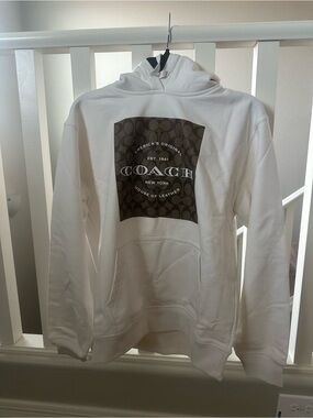 Coach White Hoodie with Brown Signature Logo Panel
